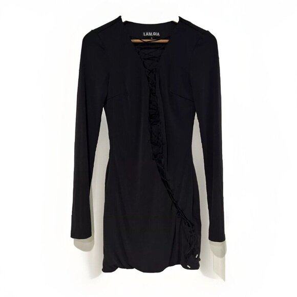 I.AM.GIA‎ Womens Dress L Black Long Sleeve Mini  Lace Up Front Party Cocktail - Picture 1 of 9
